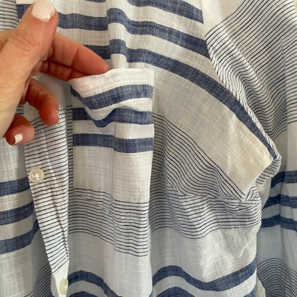 Blue, White Striped Cotton Button Down Lightweight Shirt Roll Tab Sleeves, 1X - Picture 4 of 13